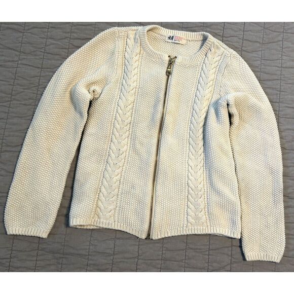 H&M Kid's off-white cable-knit zip-up cardigan sweater size 6-8Y - Picture 1 of 4